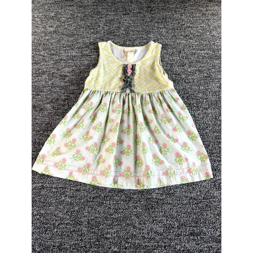 Matilda Jane A-Line Dress Kids 8 White Green Floral Pleated Cotton Round Neck
